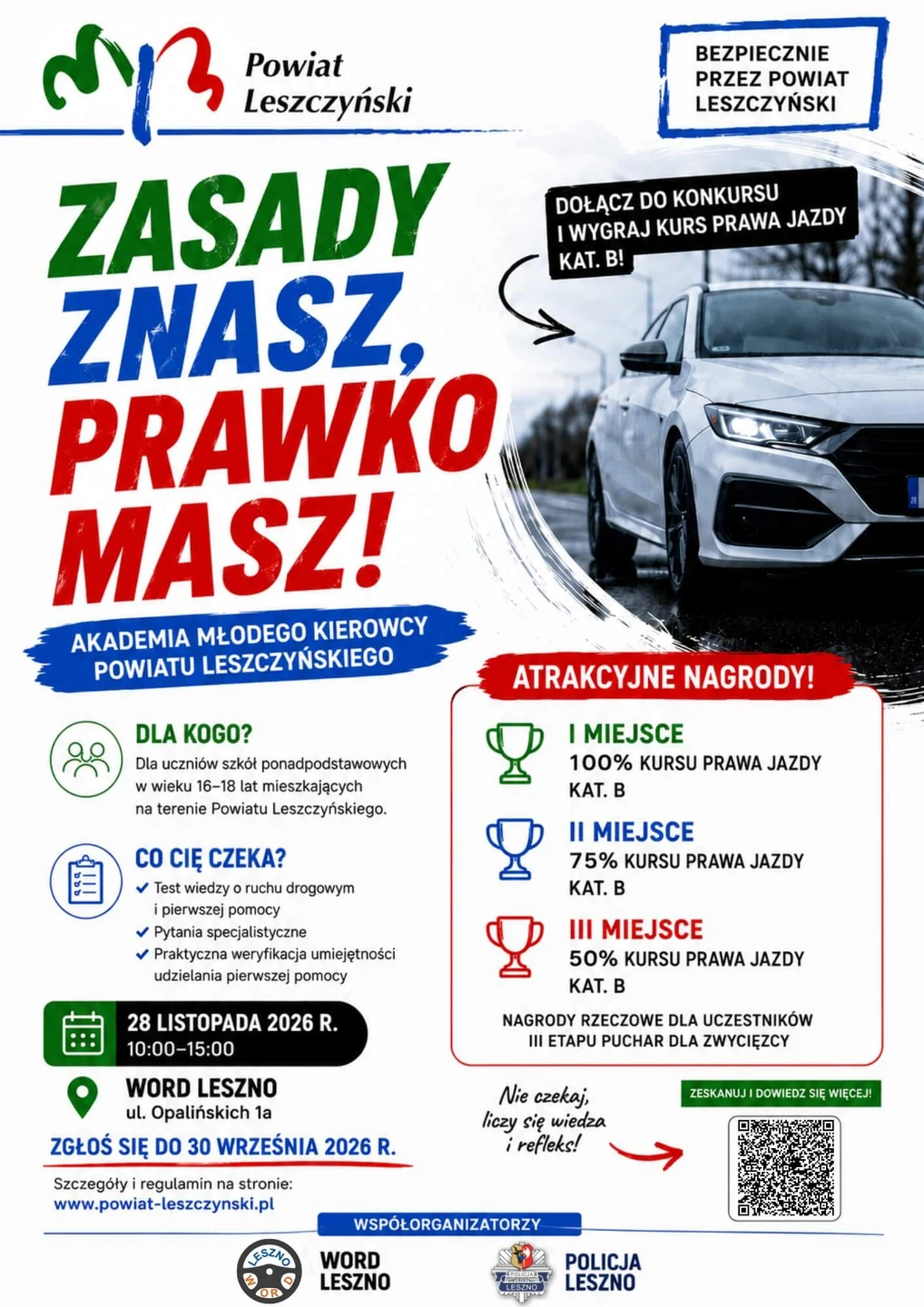 Konkurs „Zasady znasz – prawko masz!" dla młodych z Powiatu Leszczyńskiego