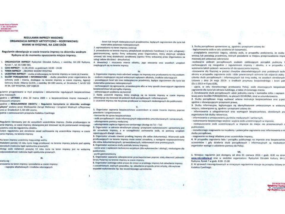 Regulamin, Plan graficzny oraz program WIANKI w RYDZYNIE