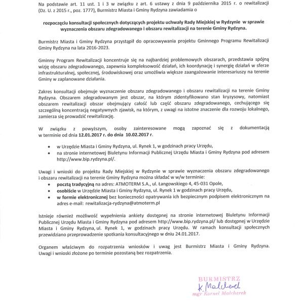 Obwieszczenie Burmistrza Miasta i Gminy o rozpoczęciu konsultacji społecznych