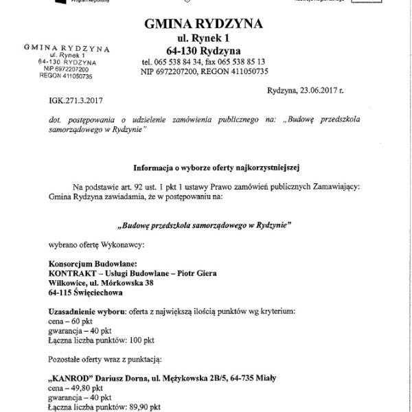 Wiemy, kto wybuduje nowe przedszkole w Rydzynie