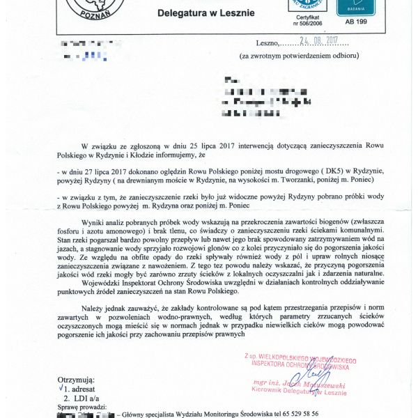 Ścieki i nawozy zanieczyściły Rów Polski