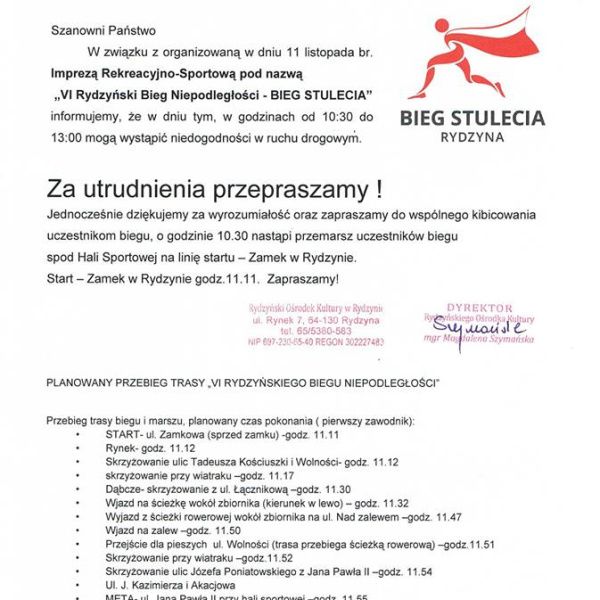 ” VI Rydzyński Bieg Niepodległości – BIEG STULECIA ” niedogodności w ruchu drogowy