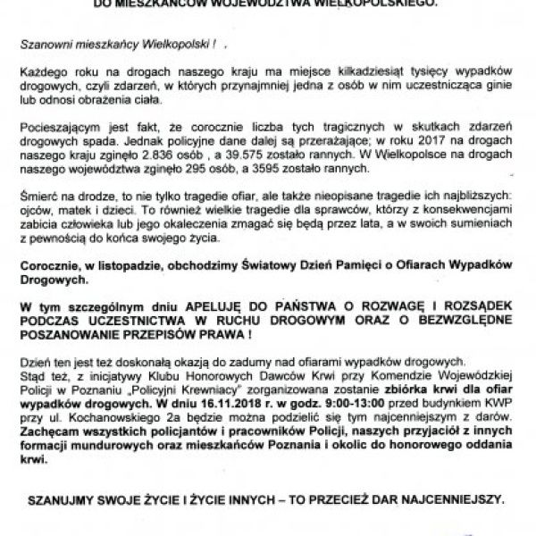 APEL KOMENDANTA WOJEWÓDZKIEGO POLICJI W POZNANIU DO MIESZKAŃCÓW WIELKOPOLSKI