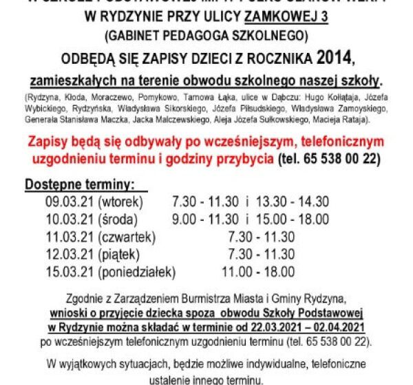  Nabór do klas pierwszych SP w gminne Rydzyna