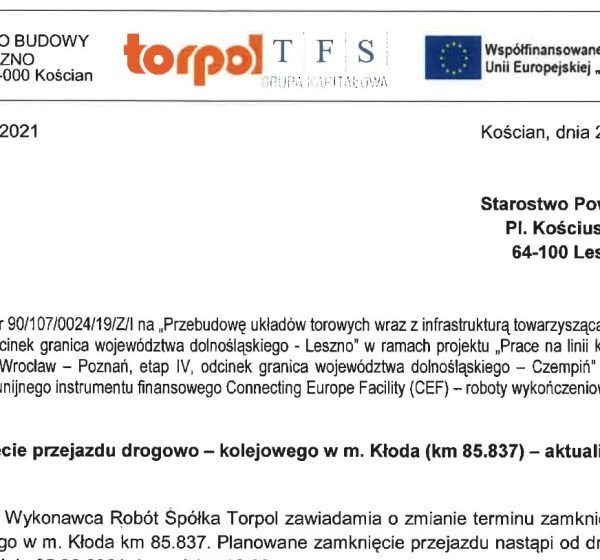  Kolejna zmiana terminu zamknięcia przejazdu w Kłodzie
