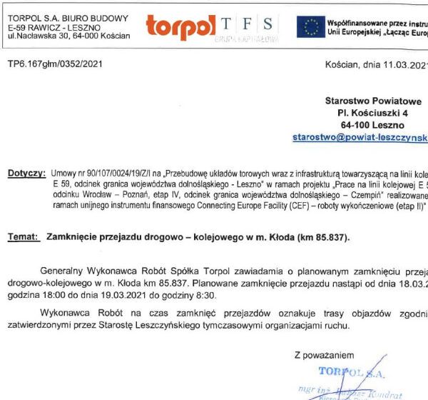  Zawiadomienie o zamknięciu przejazdu kolejowego