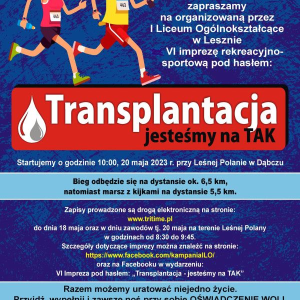 Transplantacja – jesteśmy na TAK – bieg oraz marsz z kijkami w Dąbczu