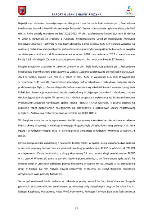 Raport o stanie Gminy Rydzyna za rok 2022