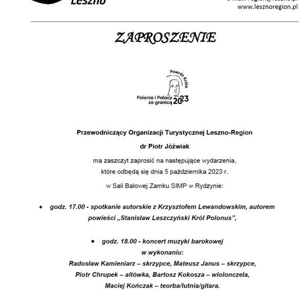 Przewodniczący Organizacja Turystyczna Leszno – Region zaprasza na wieczór wrażeń