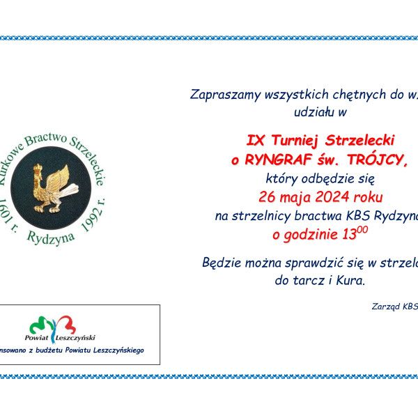 Zaproszenie na IX Turniej Strzelecki o Ryngcraf Św. Trójcy w Rydzynie