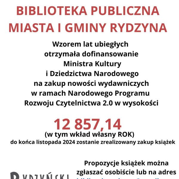 Biblioteka Publiczna Miasta i Gminy Rydzyna otrzymała dofinansowanie