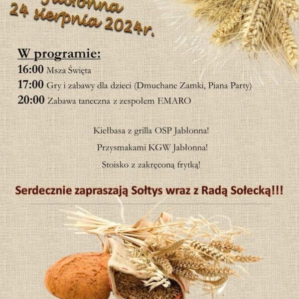 Zapowiedź Dożynek w Jabłonnie – 24 sierpnia 2024