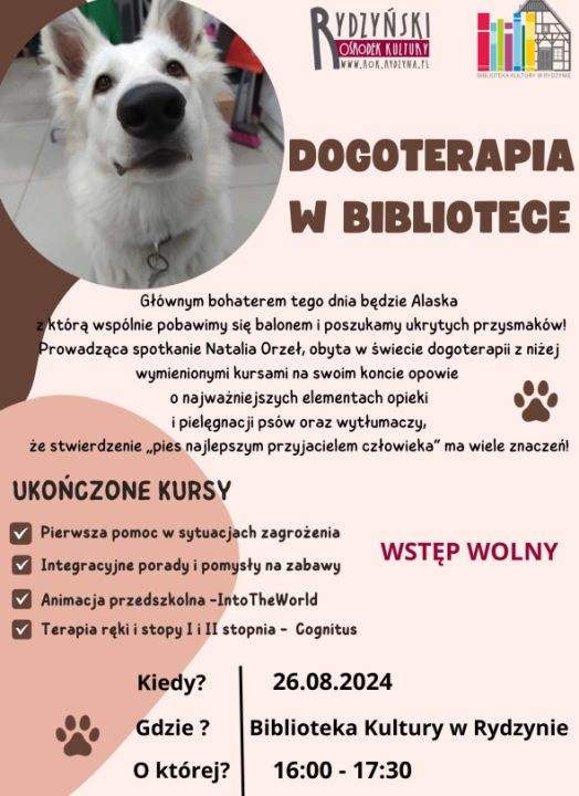 Spotkanie z Alaską: Dogoterapia w Bibliotece Kultury w Rydzynie – 26 Sierpnia 2024
