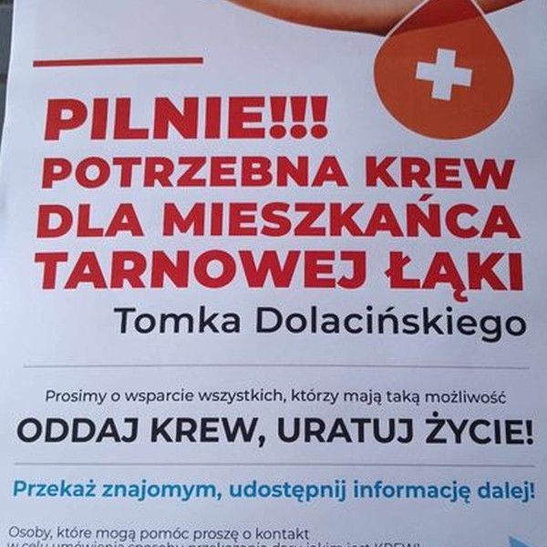 Pilnie potrzebna krew dla mieszkańca Tarnowej Łąki!