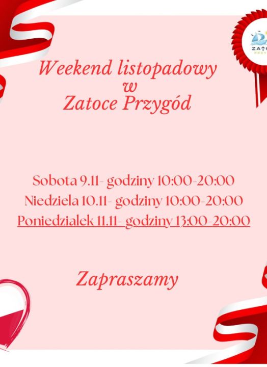 Weekend Listopadowy w Zatoce Przygód – atrakcje i godziny otwarcia